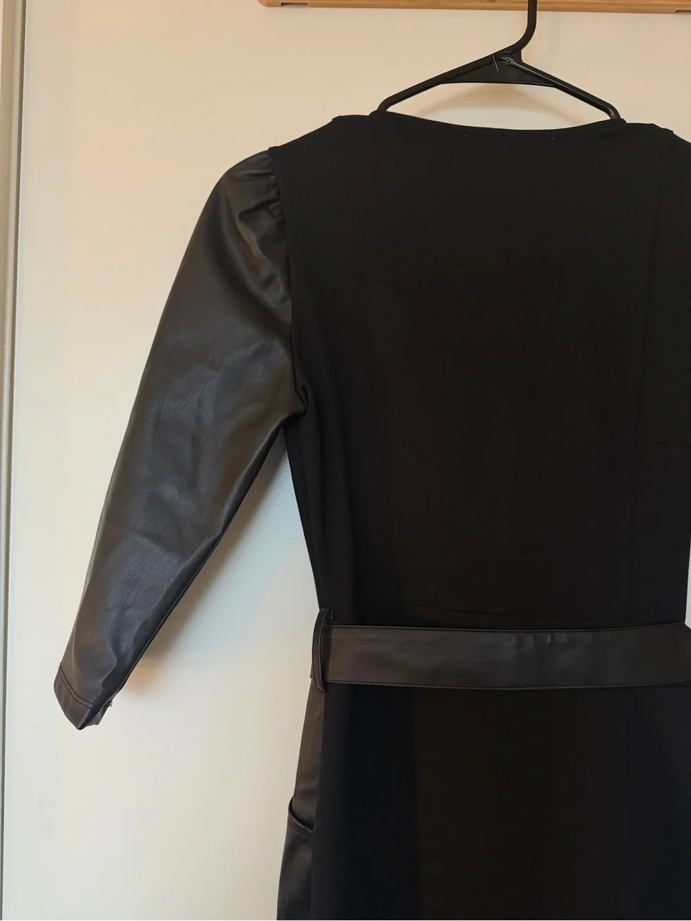 Micheal Kors Black Faux Leather Sleeve Wrap Dress with Belt - Petite
